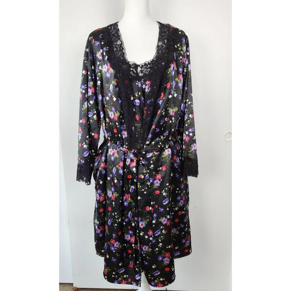 Amoureuse Black Satin W Purple Red White Flowers Black Lace Trim Peignoir Set Lg